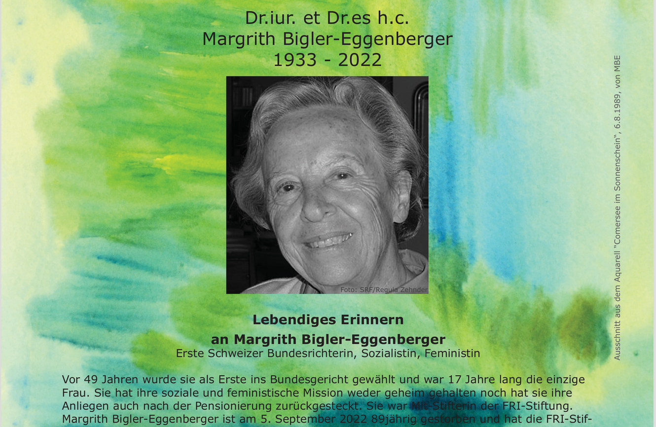 Einladung der FRI-Stiftung zur Würdigung des Lebens und Wirkens von Margrith Bigler-Eggenberger (Bern, 2023).